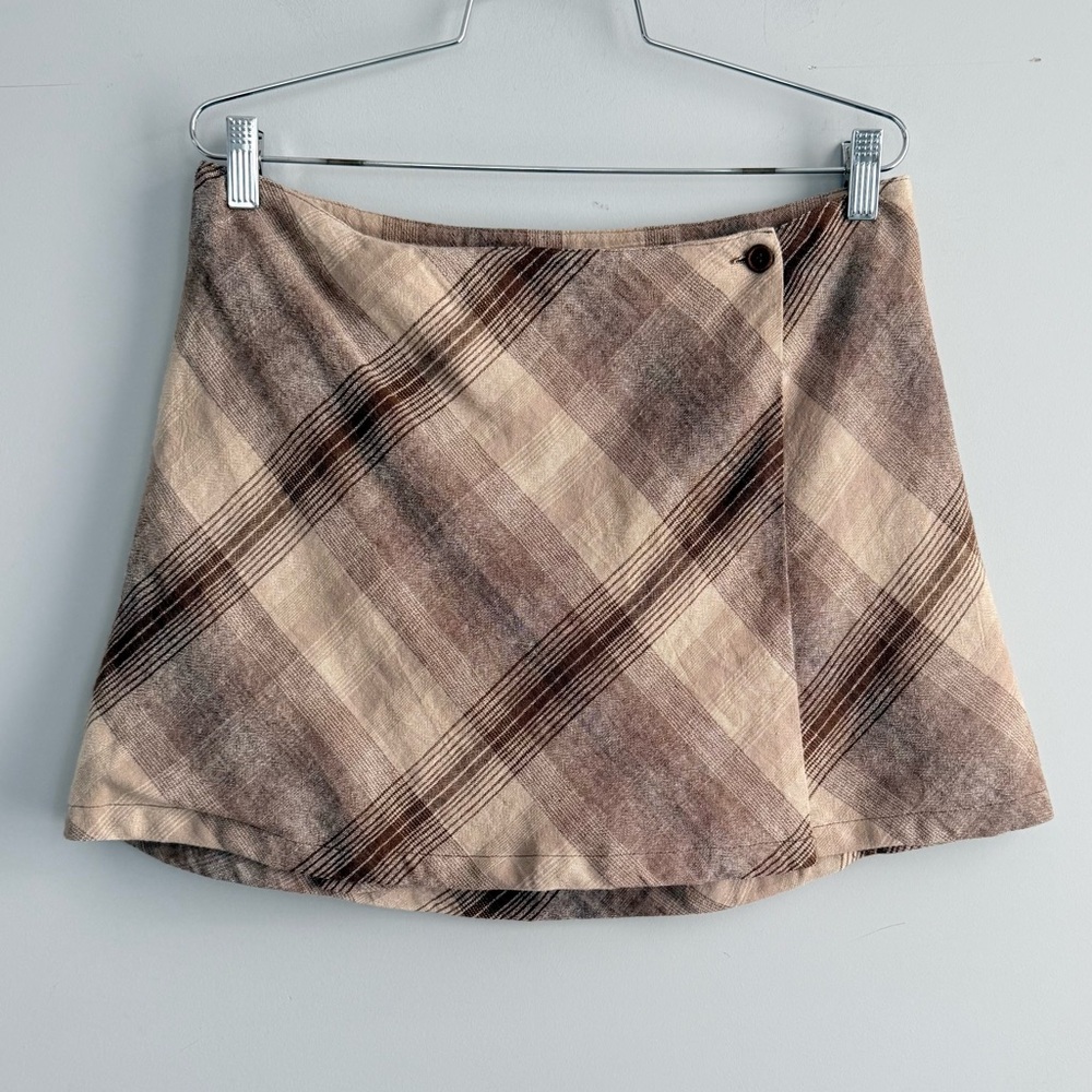 UNIF WITZ SKIRT L Mini Wrap Linen Blend Brown Cream Plaid Academia Schoolgirl - Picture 5 of 14